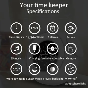 Masă, Ceas Digital, serviciu de Trezire Lumină Ceas Deșteptător Lampă de Masă cu Muzică Mod de Apus de soare Lumina de Noapte pentru Copii Decorare Dormitor