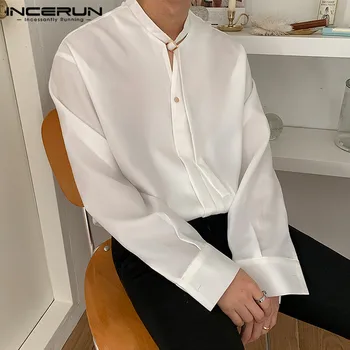 Moda Barbati Casual Tricou de Culoare Solidă Streetwear Maneca Lunga Frumos Topuri Camisas Stil coreean Liber Dantelă Sus Tricouri Chic INCERUN