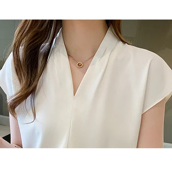 Moda cu Maneci Scurte Femeie Camasi Albe de Vara Solidă Plus Dimensiune Topuri V-neck Bluza Eleganta din Satin Femei Blusas De Mujer 2021 14341