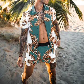 Moda de lux Hawaiian Imprimare Tricou Maneci Scurte Set Bărbați Plaja de nucă de Cocos Print pantaloni Scurți pentru Bărbați de zi cu Zi de Plajă, tricouri Set Club Bal Shir