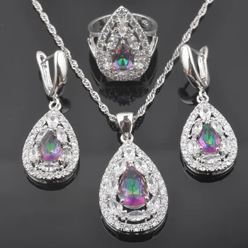 Moda de Mireasă Seturi de Bijuterii de Nunta pentru Femei Argint Culoare Cristal Zirconia Inel Colier Și Cercei Set QZ0573