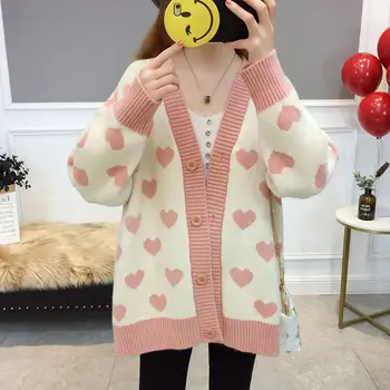 Moda Inima Print Knit Cardigan Pentru Femei V-Neck Loose Tricotaje Haina De Toamna Iarna Harajuku Jacheta Coreean Casual Student Pulover