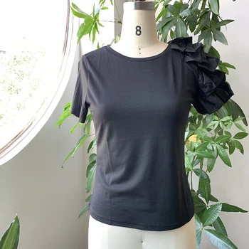 Moda Negru T-Shirt Alb Volane Coreea De Vara Japonia Stil Femei Streetwear Casual Maneca Scurta Top Teuri Doamnelor De Zi Cu Zi T-Shirt