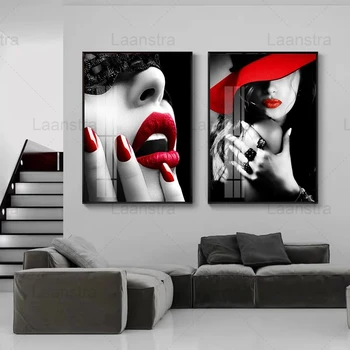 Moda Poster Sexy Femeie Moderna Buzele Rosii Unghiile Negre Perete Alb Picture Murale De Arta De Imprimare Frumusete Panza Pictura Decor Acasă