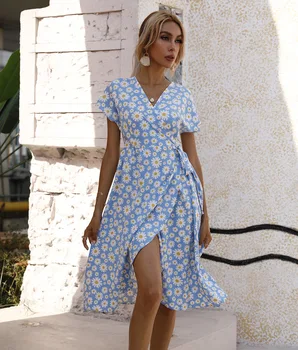 Moda Rochie Bandaj 2021 Femei Casual Cu Maneci Scurte Frenul Imprimeu Floral Rochii Pentru Femei Vacanță De Vară În Stil Albastru Vestidos