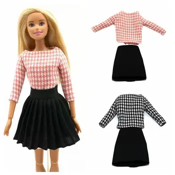 Moda Roz Negru Houndstooth 1/6 BJD Haine pentru Papusa Barbie Haine Outfit Tricou cu Maneci Lungi, a-Line Fusta de Sus 1:6 Accesorii