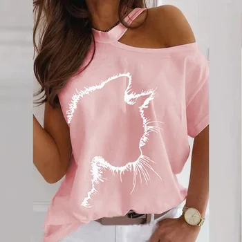 Moda Sexy Strapless Plus Dimensiunea Îmbrăcăminte de Vară Nou Tricou Femei Cat de Imprimare cu Mâneci Scurte Rotund Gat Vrac Top