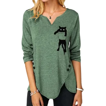 Moda V Gât Drăguț Buzunar Cat Neregulate Tiv tricou Femei de Primavara Toamna Liber Casual de Acoperire Verde cu Maneci Lungi Doamnelor