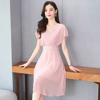 Moda V-gât Rochie de Vara 2021 Culoare Solidă Șifon Roz Femei Rochie Slim Nou Rochii cu Talie Înaltă Elegant Vestidos Halat de Femme