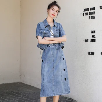 Moda Vintage Denim pentru Femei Costum de Vară 2021 coreean Butoane cu mânecă Scurtă Topuri+Dragoste Fusta din Denim Femei 2-bucata de Imbracaminte Casual