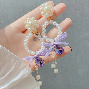 MWsonya Moda coreeană Perla Flori Legăna Cercei pentru Femei Bowknot Cristal Tassel Picătură Cercei Petrecere Bijuterii
