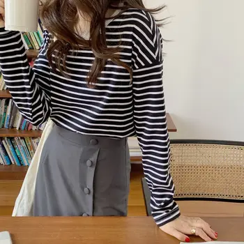 Mânecă lungă T-shirt Femei cu Dungi O-gât de Agrement în Interiorul Simplu Largi de zi cu Zi Elevii de Toate-meci Clasic de Bază Retro Feminin Topuri