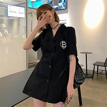 Negru Adaptate Guler Simplitate Eleganta Slim Mini Costum Rochie Stil coreean Vestidos de Vara cu Maneci Scurte pentru Femei Costum de Epocă