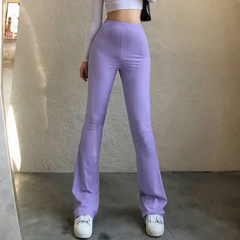 New Sosire Violet Striate Joggeri Femei Tricotate Lungi Flare Pantaloni Slim Talie Mare Pantaloni Femei Pantaloni De Trening De Epocă