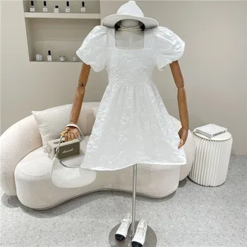 Nișă Design Nou de Îmbrăcăminte pentru Femei de Vară 2021 Moda Retro Pătrat Guler Tridimensional Jacquard Puff Maneca Rochie