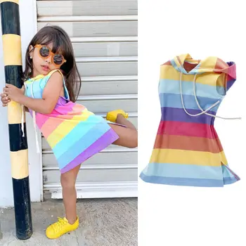 Noi Copii Baby Girl Haine de Vară Rainbow Stripe Costum cu Gluga Rochie Sunsuit 1-7y