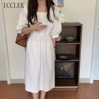 Noi coreean singură Bucată Rochie de Femei 2021 Vara Elegante Gât Pătrat Dantela Cusaturi Maneci Scurte Rochii Solidă Rochie Midi Rochie