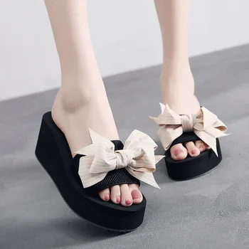 Noi de Vara Elegante-Fluture nod Sandale Casual cu Toc Pene Flip Flops Non-Alunecare de Femei Papuci de Plaja Multifuncțional Pantofi