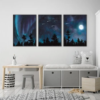 Nordic Aurora Borealis Canvas Postere Stele Căzătoare Cerul De Noapte Luna Copaci Pictura Imagini Wall Art Print Bedoom Decor Acasă