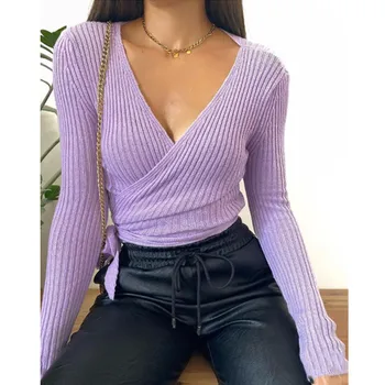 Plus Dimensiune Femei Sexy Solid cu mâneci Lungi V-Neck Lace-up se Tricotează Bottom Tricou 2021 Alb All-meci Femeie Slim Lady Bluze Bluza