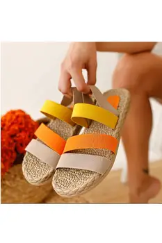 Portocaliu Galben cu Dungi Bej Sandale pentru Femei, moda de vara 2021
