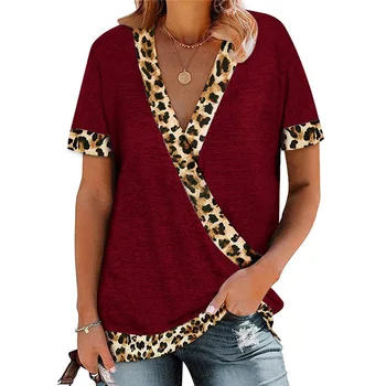 Primăvara Și Vara Noi de Îmbrăcăminte pentru Femei V-Gât Sexy Casual Vrac Leopard de Imprimare de Potrivire de Culoare Tricou Maneca Scurta Top pentru Femei