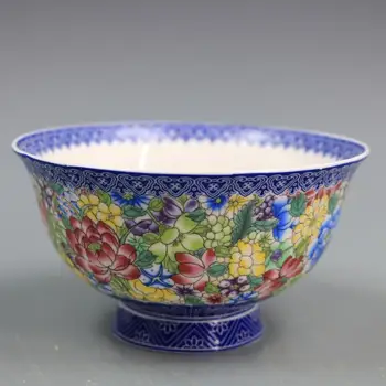 Qing Qianlong albastru și alb emailat culoare pastel flori mici model castron bunuri de uz casnic antic castron de portelan