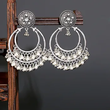 Retro Argint Coloe Rotund Indian Bijuterii Jhumka Cercei Pentru Femei Orecchini Epocă Tigan Margele Perla Cercei Ciucure
