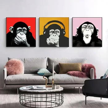 Rezumat Mână-Pictat În Alb Și Negru Animal Purtând Căști Gorilla Personalitate Panza Pictura Decorativa Poster Interior D