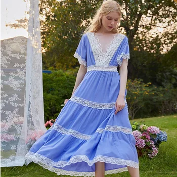 Roseheart Albastru De Vară Femeile Homewear Sleepwear Sexy Rochie De Noapte Lunga Din Dantela V Gât Îmbrăcăminte De Noapte Camasa De Noapte, Pijamale Curtea Gol
