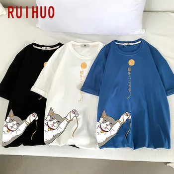 RUIHUO Cat de Imprimare de Bumbac T-Shirt pentru Bărbați Harajuku Streetwear Tricou Barbati Haine Jumătate Maneca Vara Hip Hop 5XL 2021 Noi Sosiri