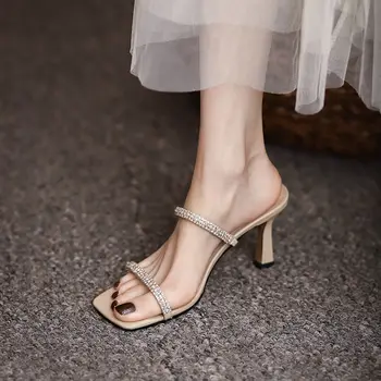 Sandale pentru femei, Un Cuvânt Cu Papuci cu toc Înalt Stiletto Deget de la picior Pătrat Femei Pantofi cu toc Înalt Petrecere Sexy Femei Papuci