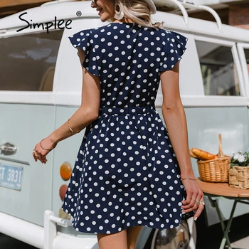 Simplee Moda femei polka dot rochie de vara Butonul v-neck ruffle fără mâneci tricou casual rochii O-linie vintage rochie de primăvară