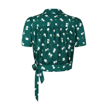 SISHION Femei Maneci Scurte Vintage Topuri VD2095 Verde imprimeu Floral de Vara Scurte T Shirt