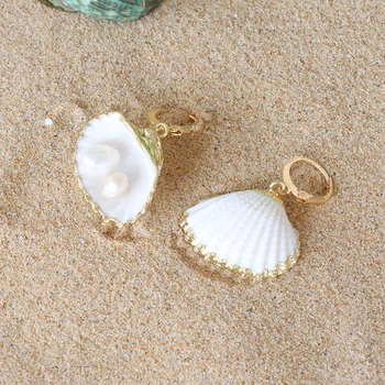 SRCOI Sea Shell Pandantiv Declarație Hoop Cercei Imitație Pearl Farmec Bijuterii de Mireasă Cadou Pentru Femei Orecchini Aretes De Mujer