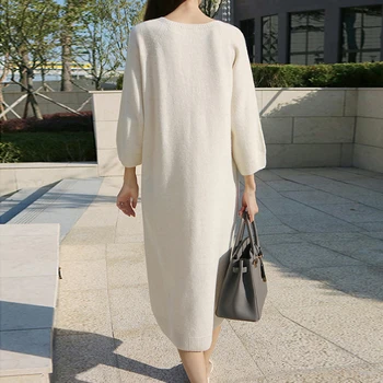 Stil coreean V-neck mid-lungime pulover de cașmir rochie femei vrac peste genunchi pulover rochie de lână tricotate bottom tricou