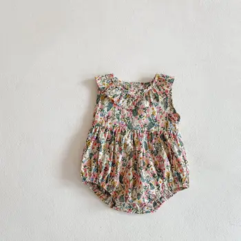 Summer Infant Baby Girl Costume Floral Print Ruffle-O bucată fără Mâneci Bumbac Nou-născuți Salopete Haine