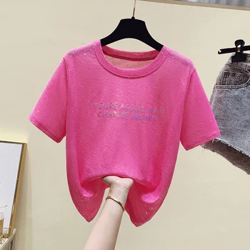 Tees Topuri tricou Maneca Scurta pentru Femei Tricou Bumbac Stil coreean T-shirt Femei Haine Slim Violet Alb Tricou Femme 2021