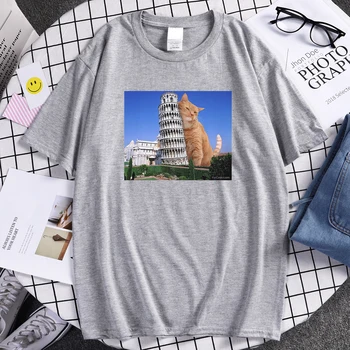 Torre Pendente Di PisaTorre Di Pisa Cu Mare Pisica Amuzant de Imprimare de Moda T-shirt Menfashion Tricou Casual Top o-neck T Shirt Mens