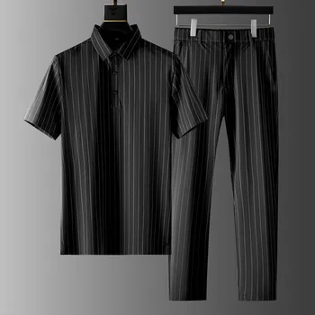 (Tricou + pantaloni)2021 vara tricou barbati stripe tricouri barbati de afaceri de moda casual camasi barbati full size M-4XL
