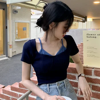 Tricouri Femei Mozaic Simplu Harajuku Mujer Topuri Sexy Epocă All-meci Moda Populare Casual, Retro Ins Moale Chic Studenți