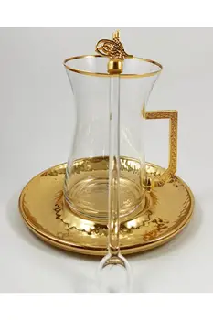 Tuğra Colecție 18 Bucată de Aur Tuğra Armalı Set de Ceai Set Otoman Tuğra Ceai de Sticlă Lingurita de Ceai Farfurie Set de 3