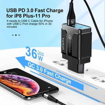 Twitch Quick Charge 3.0 PD Tip C USB Încărcător Pentru Samsung iPhone Huawei Tableta QC 3.0 Rapid Încărcător de Telefon Mobil Adaptor de Perete LED