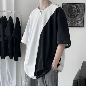 Vara Bumbac cu mânecă Scurtă T-shirt pentru Bărbați de Moda Casual, de Culoare Lovit Tricou Barbati Streetwear coreean Liber Oversize T Shirt Mens