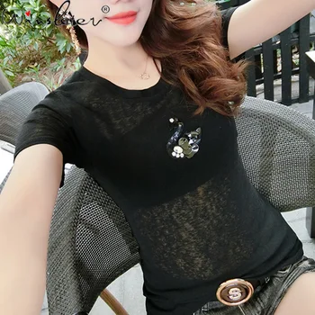 Vara Haine coreene Tricou Fete O-Gat Lucios ștrasuri din Mărgele Swan Femei Topuri Sexy Spate Transparent Maneca Scurta 2021 T12106A