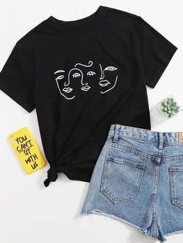 VIP HJN Trei Desen Față Graphic Tee de Moda de Vara Art Cool Grunge Unisex Negru T-Shirt de Epocă Street Style t-shirt