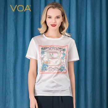 VOA Satin de Mătase Multi-culoare Imprimate Scrisoare Guler Simplu Comun Elastic cu mânecă Scurtă T-shirt Femei BG52 Tricou Tricou