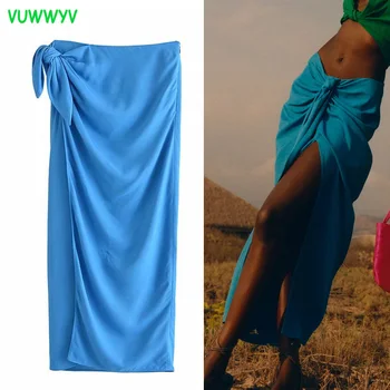 VUWWYV Za Vara Blue Folie de Femei Fusta Talie Mare Fuste Lungi pentru Femei 2021 Elegant Plisata Midi Femeie Fuste de Moda Streetwear