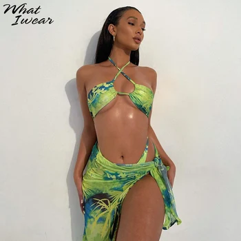 Whatiwear Y2K Beachwear Tipărite Decolteu Sexy Două Piese Set Femei fără Mâneci Cross-Gât Lace de Sus+Partea de Fantă Fuste Costume