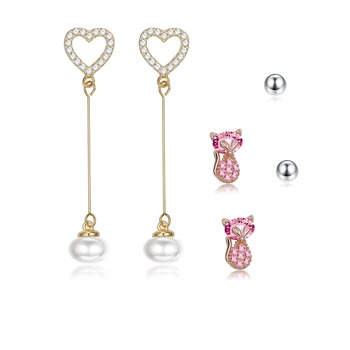 ZEMIOR Argint 925 Cercei Pentru Femeile de Inima Drăguț Cercei cu Perle Seturi Spumante Fox Pink CZ Stud Cercel Bijuterii Cadou